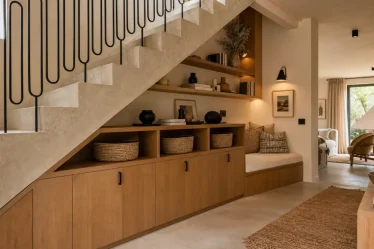 Aménagement sous escalier ouvert avec rangement en bois et niches