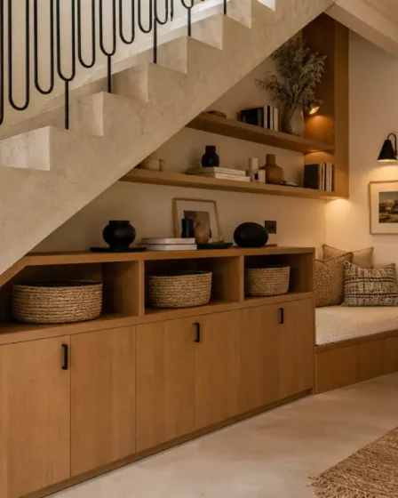 Aménagement sous escalier ouvert avec rangement en bois et niches