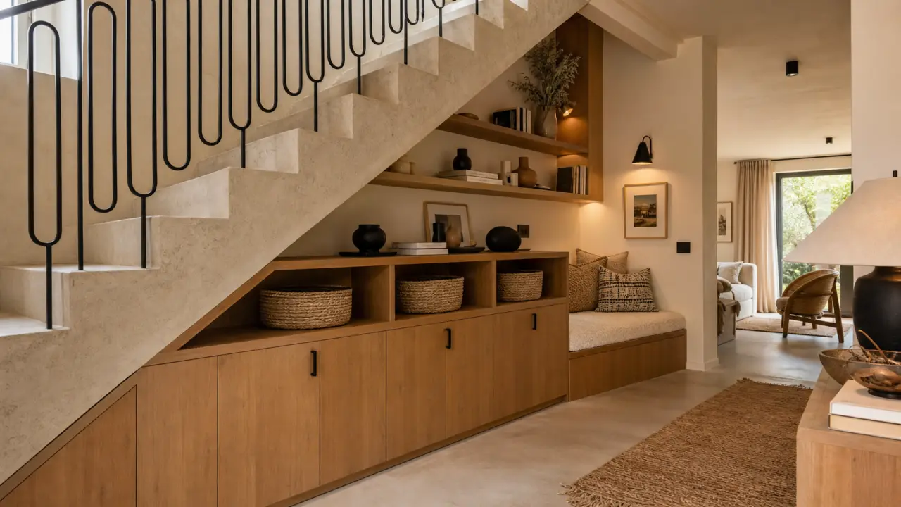 Aménagement sous escalier ouvert avec rangement en bois et niches