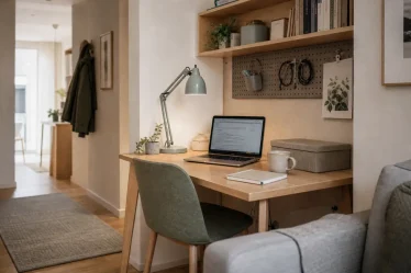 Coin bureau compact pour aménager un bureau dans un petit espace, bois clair et lumière naturelle
