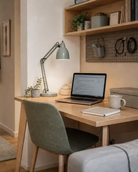 Coin bureau compact pour aménager un bureau dans un petit espace, bois clair et lumière naturelle