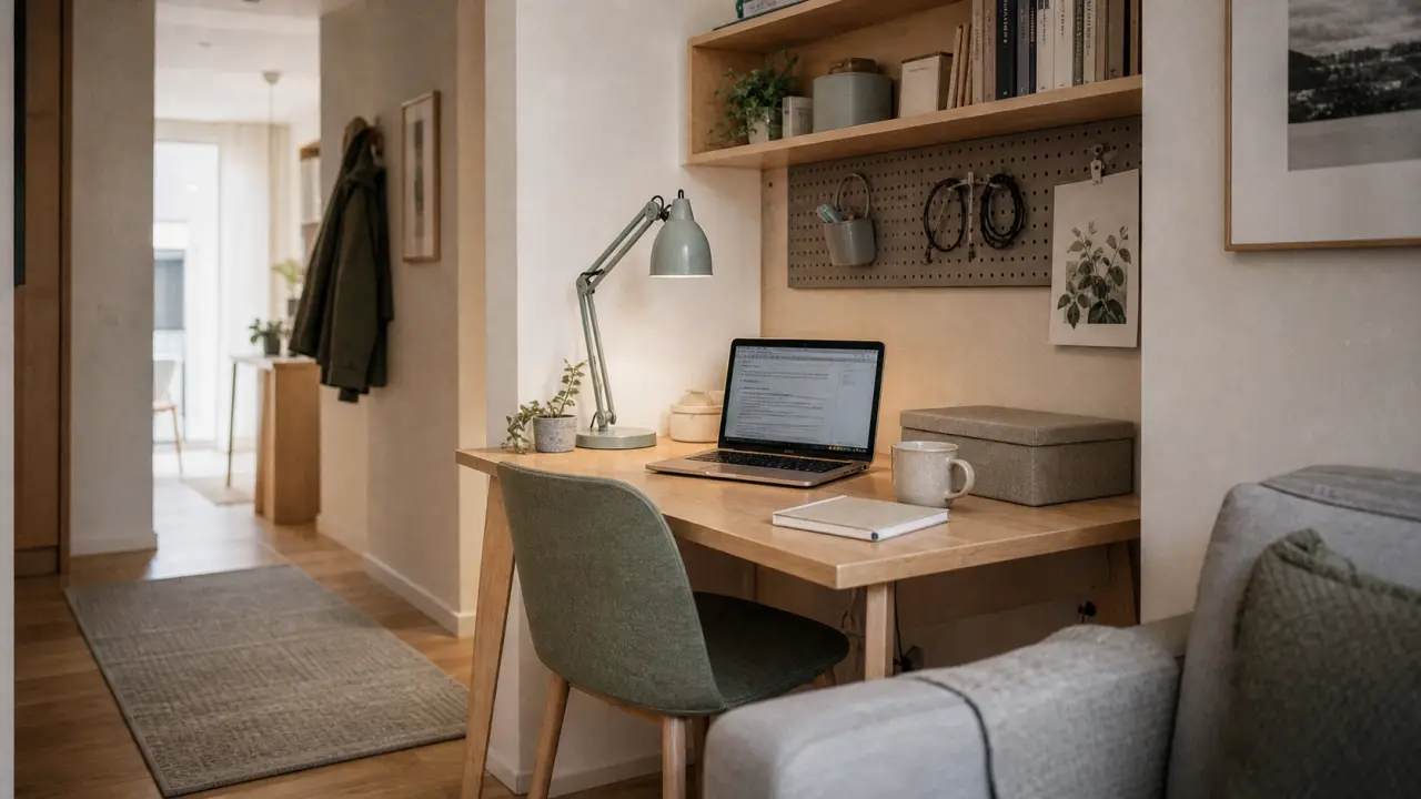 Coin bureau compact pour aménager un bureau dans un petit espace, bois clair et lumière naturelle