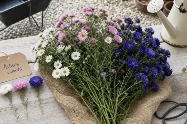 Asters vivaces : bouquet de fleurs blanches, roses et bleues sur toile de jute