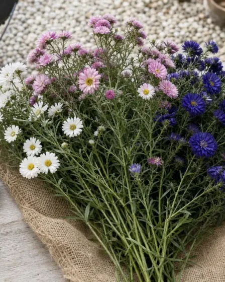 Asters vivaces : bouquet de fleurs blanches, roses et bleues sur toile de jute