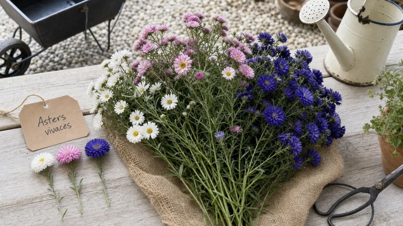 Asters vivaces : bouquet de fleurs blanches, roses et bleues sur toile de jute
