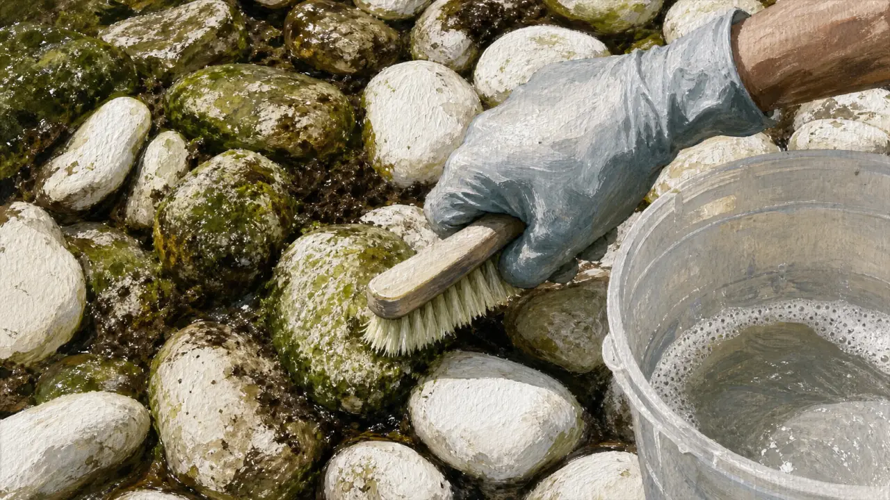 Comment nettoyer des galets blancs : brosse douce et eau savonneuse