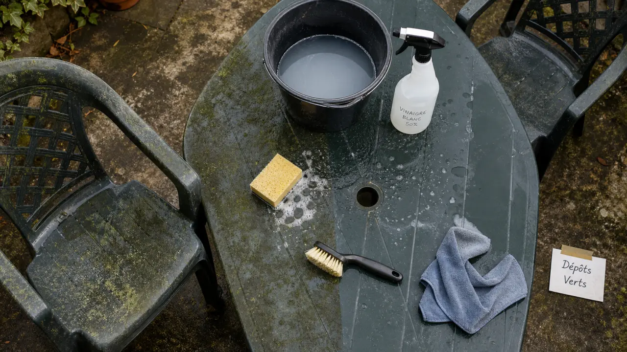 Comment raviver un salon de jardin en plastique vert : mousse enlevée et couleur ravivée