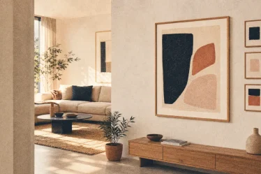 decorer mur blanc : cadres fins et grand tableau sur mur blanc