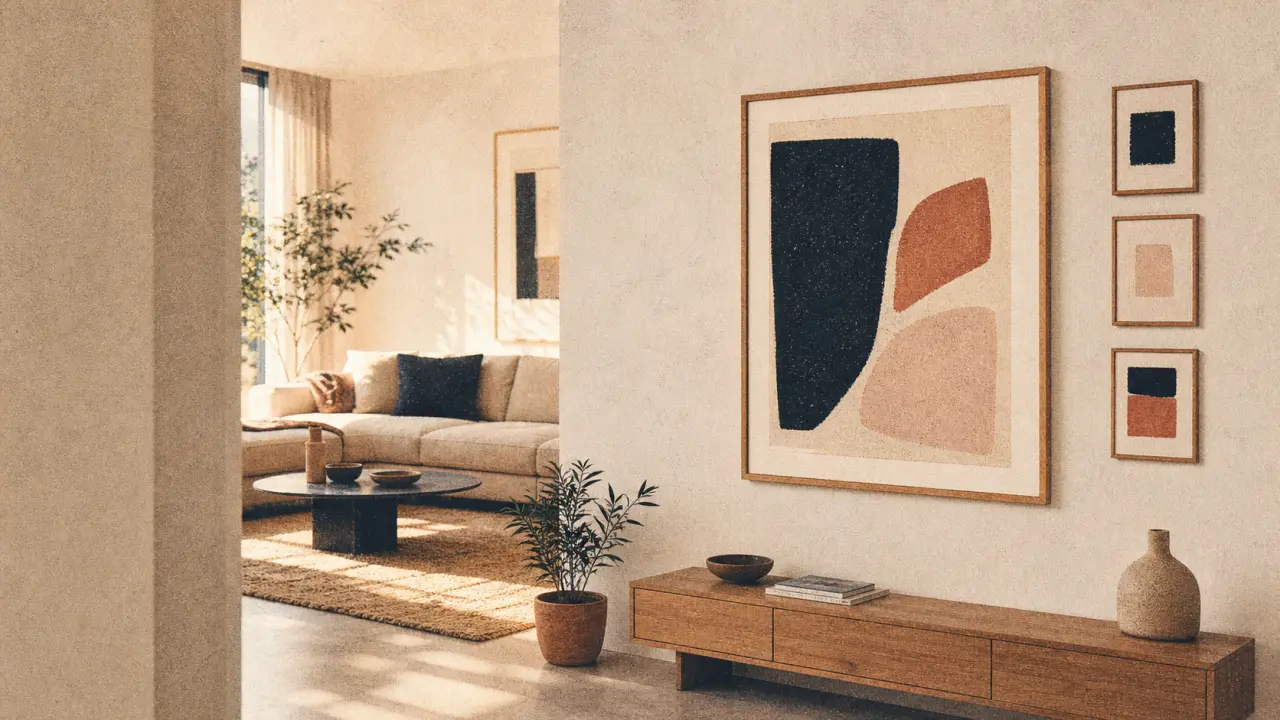 decorer mur blanc : cadres fins et grand tableau sur mur blanc