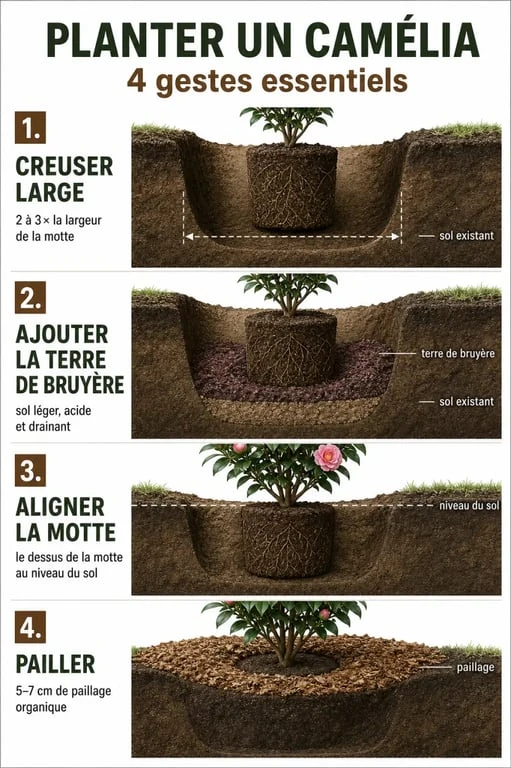 Infographie des &eacute;tapes de plantation d'un cam&eacute;lia pour une croissance optimale