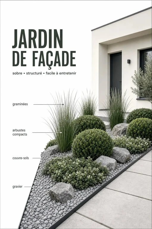 Parterre devant maison moderne et facile d&rsquo;entretien avec graviers, gramin&eacute;es et arbustes compacts
