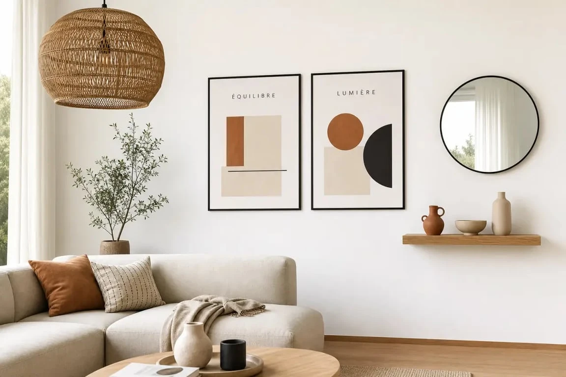 Id&eacute;es pour d&eacute;corer un mur blanc dans un salon contemporain avec cadres, miroir et &eacute;tag&egrave;re flottante