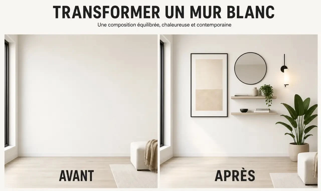 D&eacute;corer mur blanc avec une composition avant/apr&egrave;s &eacute;l&eacute;gante dans un int&eacute;rieur contemporain