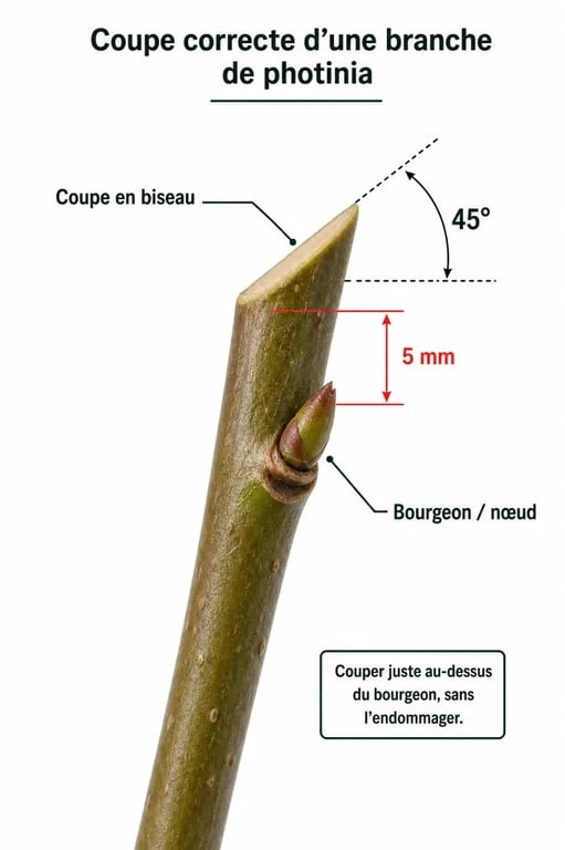 Schéma illustrant la technique de taille du photinia : coupe en biseau au-dessus d'un nœud pour une cicatrisation optimale.