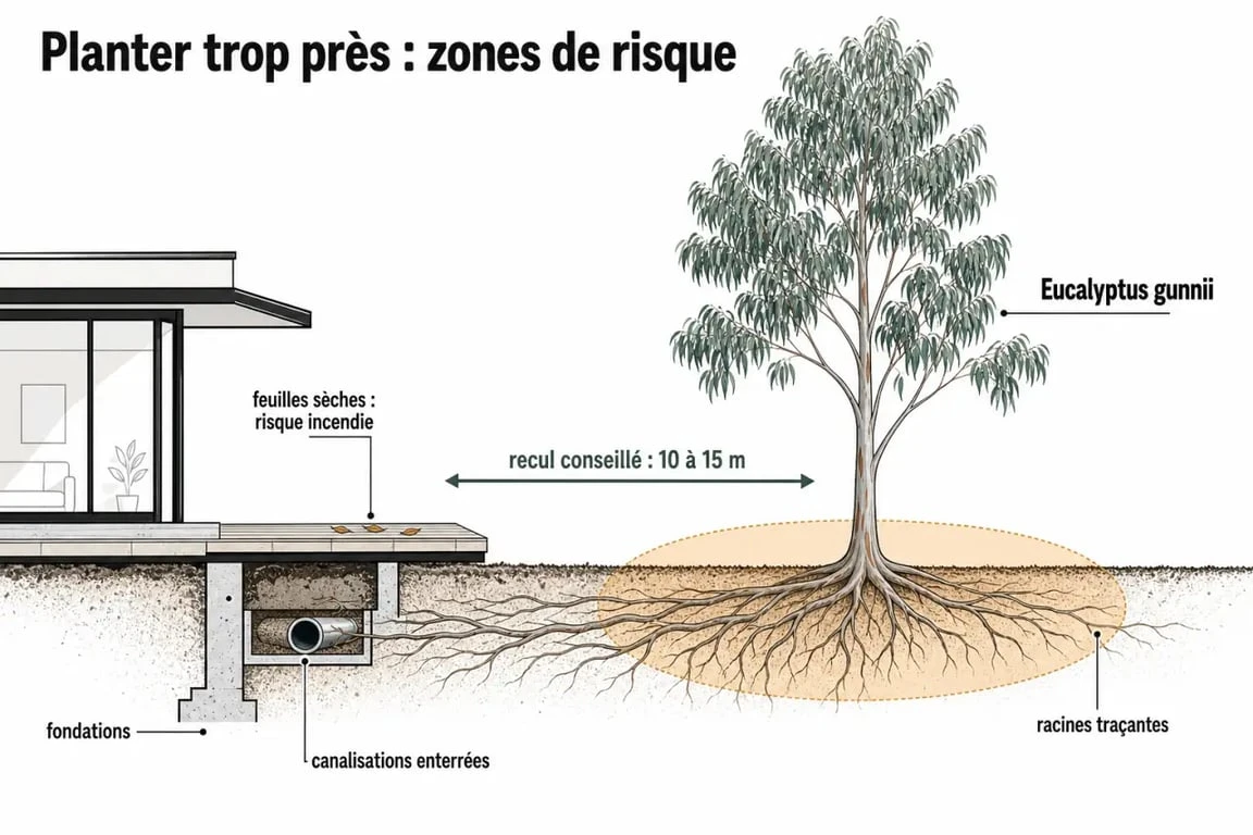 Eucalyptus gunnii inconv&eacute;nient : arbre plant&eacute; trop pr&egrave;s d&rsquo;une maison avec zones de risque autour des fondations et canalisations