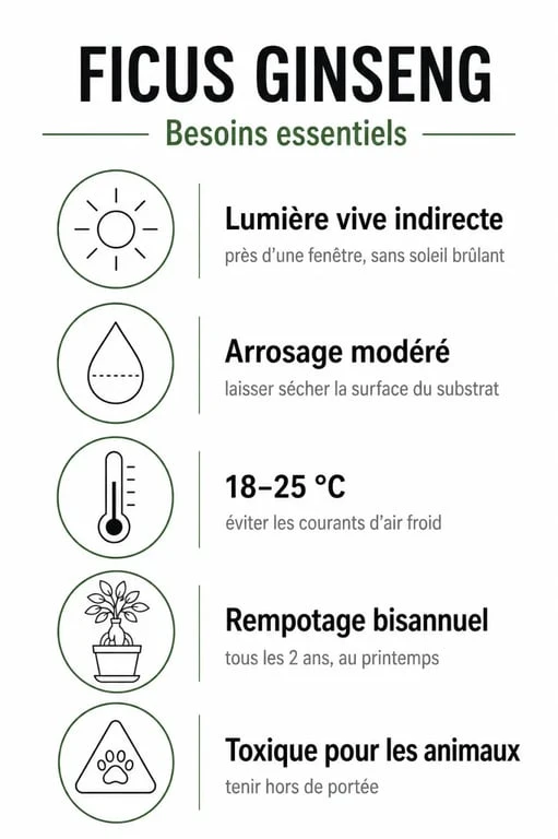Infographie des conditions d'entretien id&eacute;ales pour un Ficus ginseng : lumi&egrave;re, arrosage, temp&eacute;rature et toxicit&eacute;.