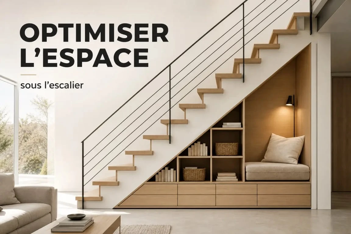 Am&eacute;nagement sous escalier ouvert dans un int&eacute;rieur contemporain avec rangements, niches et coin lecture