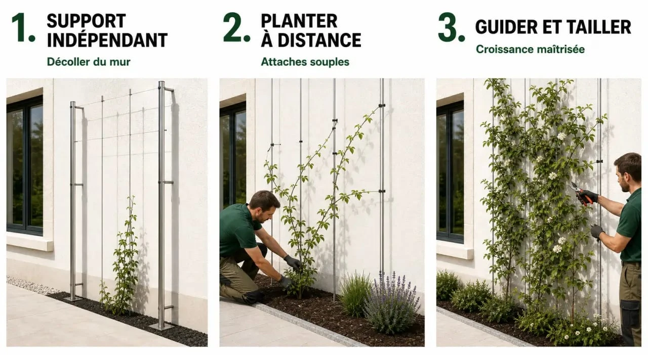Faire grimper des plantes sur un mur : illustration des &eacute;tapes pour poser un support et guider une plante grimpante sur une fa&ccedil;ade ext&eacute;rieure