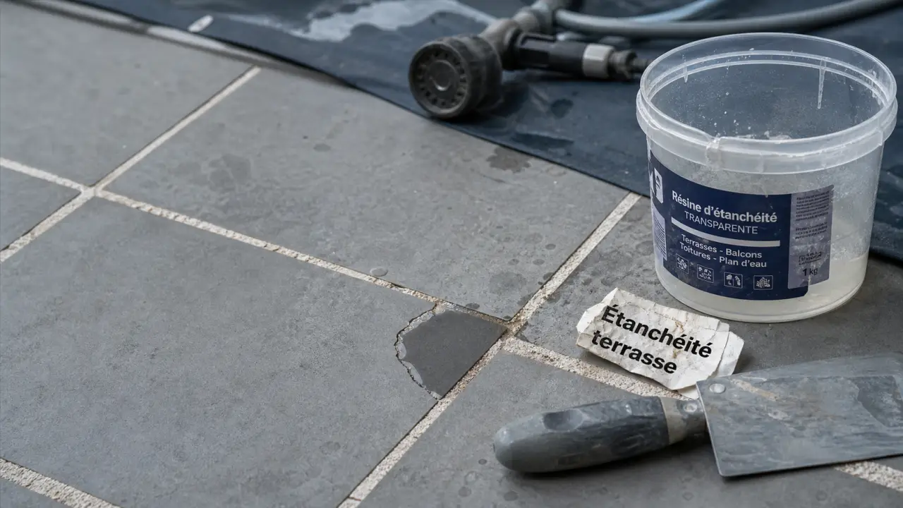 Étanchéité sur carrelage terrasse : résine et joints, eau qui stagne