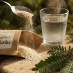 Gomme arabique bienfaits : fibres solubles, poudre beige dans l’eau tiède
