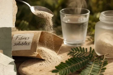 Gomme arabique bienfaits : fibres solubles, poudre beige dans l’eau tiède