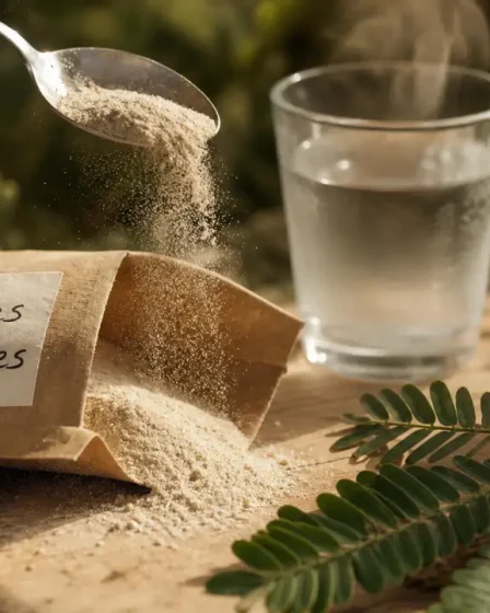 Gomme arabique bienfaits : fibres solubles, poudre beige dans l’eau tiède