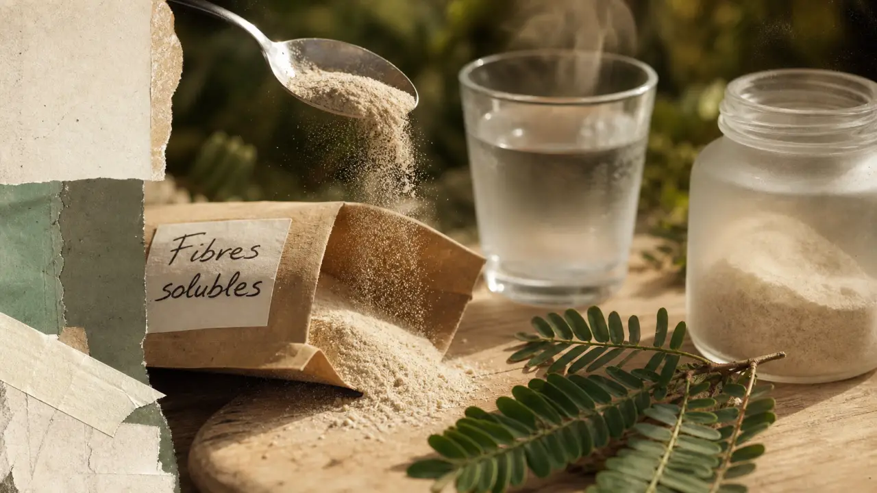 Gomme arabique bienfaits : fibres solubles, poudre beige dans l’eau tiède