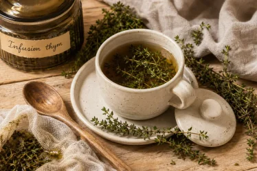 infusion.thym de thym, tisane chaude pour la gorge et la digestion, macro sur tasse en céramique