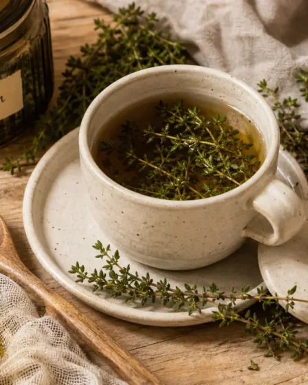 infusion.thym de thym, tisane chaude pour la gorge et la digestion, macro sur tasse en céramique
