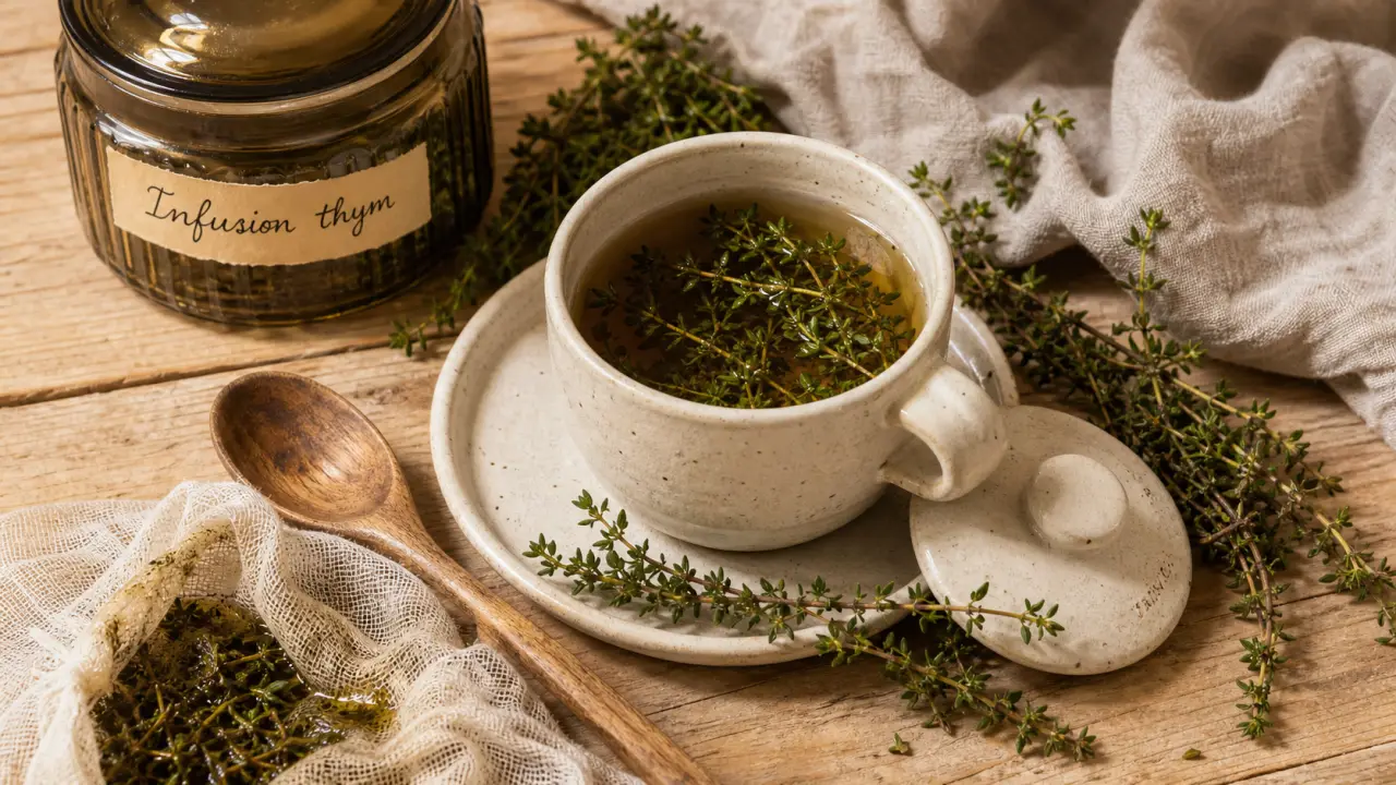 infusion.thym de thym, tisane chaude pour la gorge et la digestion, macro sur tasse en céramique