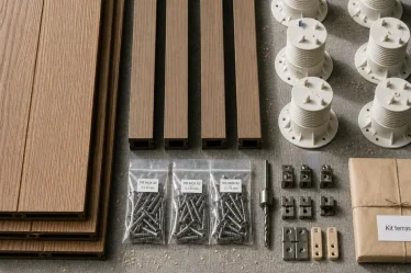 Kit terrasse avec lames, lambourdes, vis inox et plots PVC