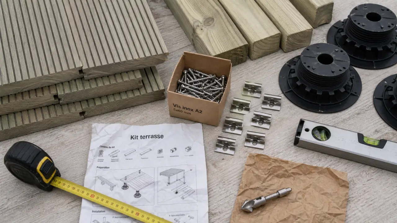 Kit terrasse : lames rainurées, lambourdes pin autoclave et visserie inox A2