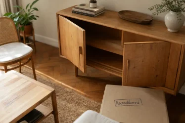 Mobilier seconde main : enfilade scandinave reconditionnée, bois clair patiné, intérieur lumineux