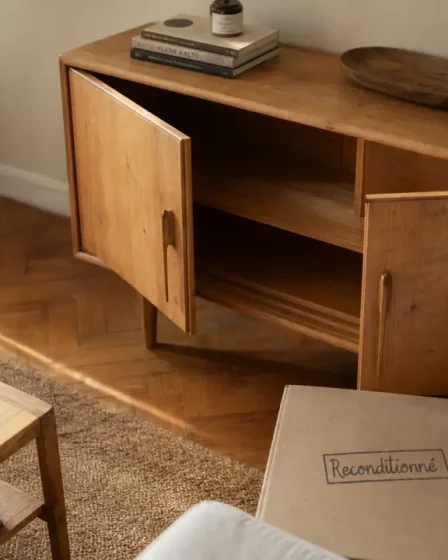 Mobilier seconde main : enfilade scandinave reconditionnée, bois clair patiné, intérieur lumineux