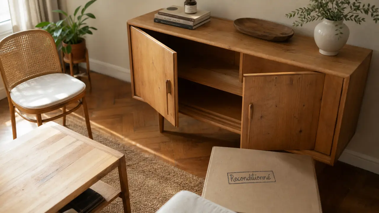Mobilier seconde main : enfilade scandinave reconditionnée, bois clair patiné, intérieur lumineux