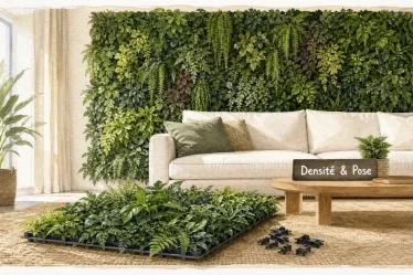 Mur vegetal artificiel intérieur dense : densité, feuillage et pose derrière un canapé