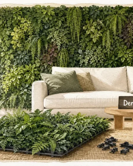 Mur vegetal artificiel intérieur dense : densité, feuillage et pose derrière un canapé