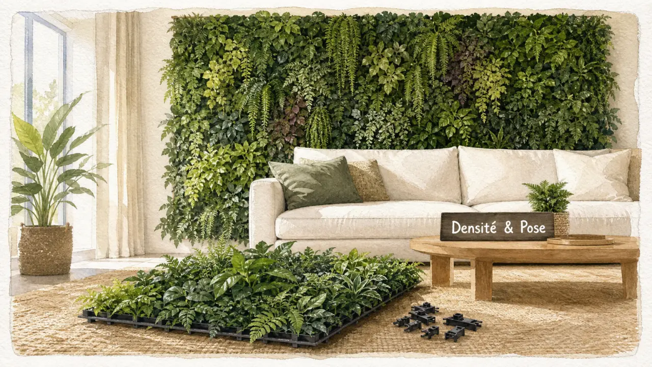Mur vegetal artificiel intérieur dense : densité, feuillage et pose derrière un canapé