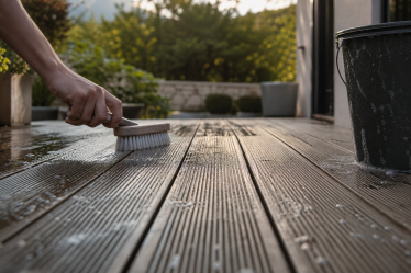 Nettoyer terrasse en composite : brosse douce et eau savonneuse