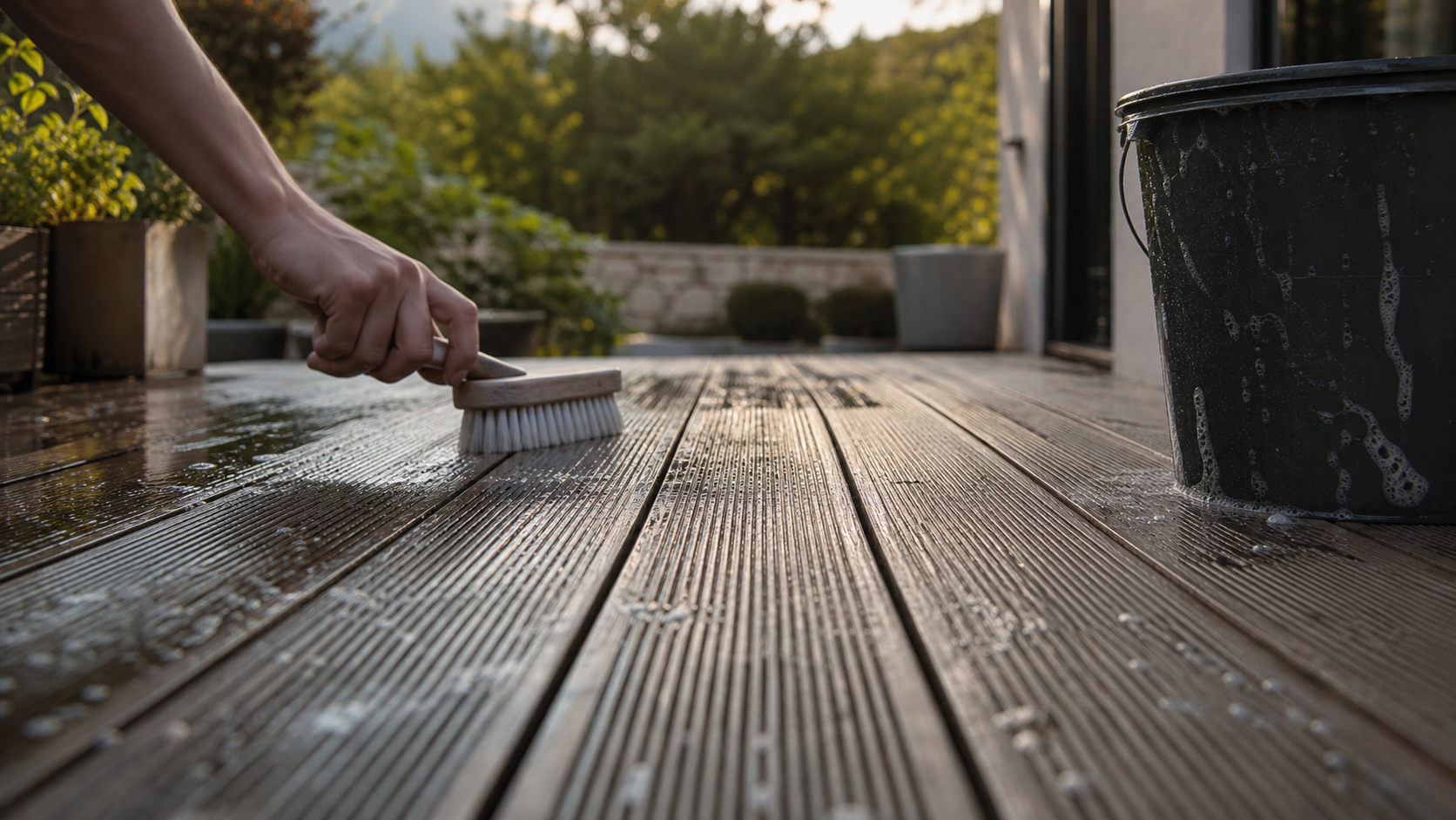 Nettoyer terrasse en composite : brosse douce et eau savonneuse