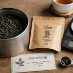 Où trouver the oolong : boîte de feuilles et sachet sur table