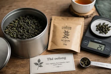 Où trouver the oolong : boîte de feuilles et sachet sur table