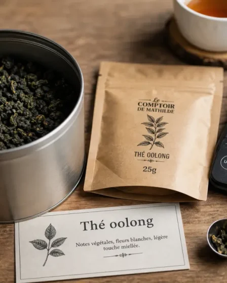 Où trouver the oolong : boîte de feuilles et sachet sur table