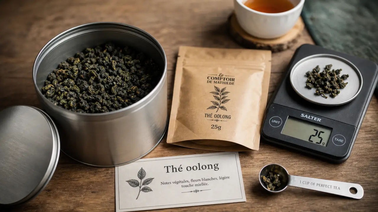 Où trouver the oolong : boîte de feuilles et sachet sur table