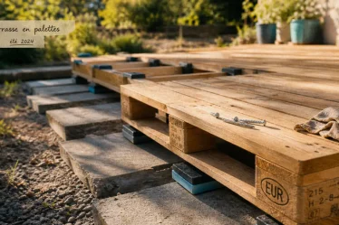Palette pour terrasse avec marquage MB, bois poncé et budget terrasse solide