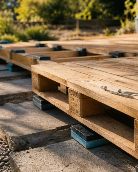 Palette pour terrasse avec marquage MB, bois poncé et budget terrasse solide