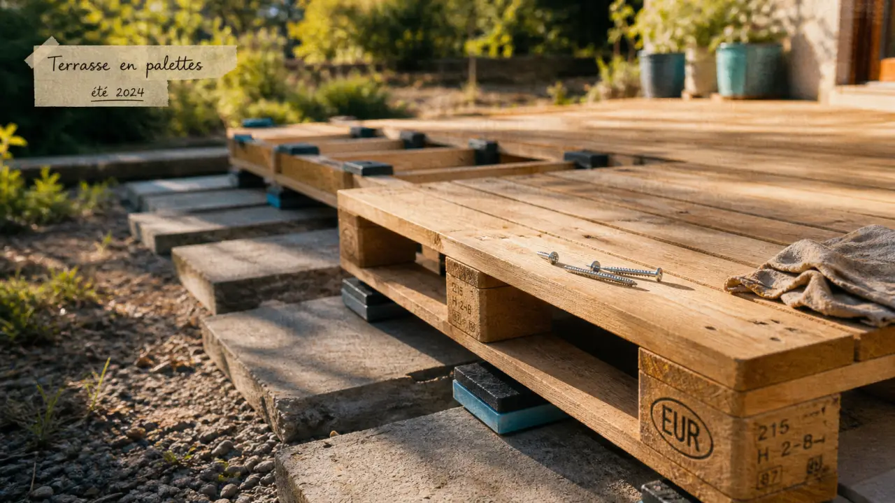 Palette pour terrasse avec marquage MB, bois poncé et budget terrasse solide