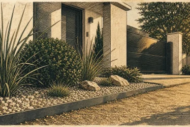 Parterre devant maison : graviers clairs, bordure acier et graminées