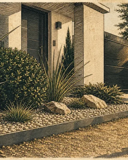 Parterre devant maison : graviers clairs, bordure acier et graminées