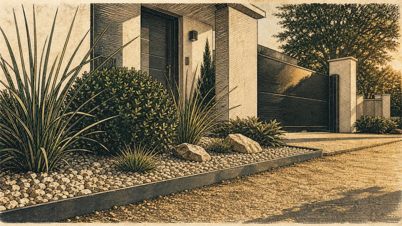 Parterre devant maison : graviers clairs, bordure acier et graminées